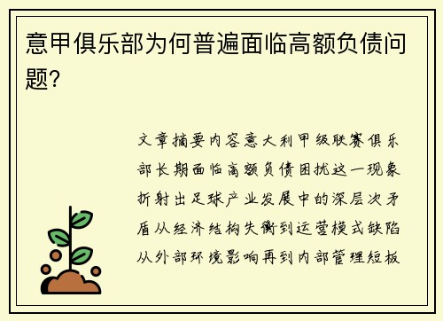 意甲俱乐部为何普遍面临高额负债问题？