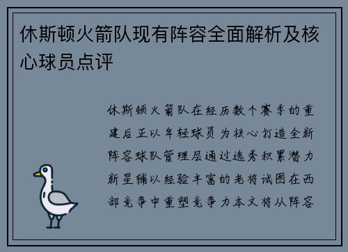 休斯顿火箭队现有阵容全面解析及核心球员点评