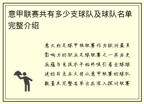 意甲联赛共有多少支球队及球队名单完整介绍